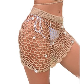 Women's Pure Hand Crochet Hollow Out Shell Khaki Swimwear Swimsuit Cover Up Beach Skirt.(SJJ71) (Khaki)