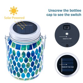 Rancco Blue Mosaic Solar Lantern Outdoor, Waterproof Hanging Solar Light, Glass Jar Style Mosaic Lamp for Garden Patio Decor, Solar-Powered Pathway Night Light, Unique Gifts for Women Mom Grandma