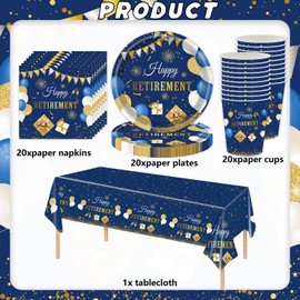 61-Piece Blue Retirement Tableware Set, Blue and Gold Party Decorations Includes Farewell Party Decorations Supplies, Happy Farewell 9 Inch Plates Tissue Paper Cups Tablecloth (20 Guests)