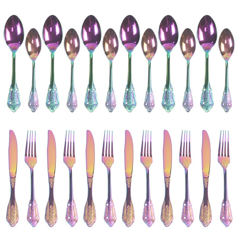 LAIION Silverware Set，24-Piece Stainless Steel Flatware Service for 6 Rainbow