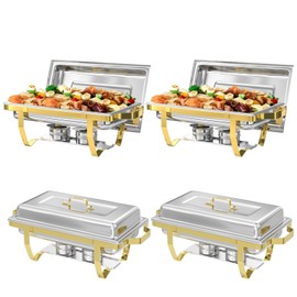 IMACONE Chafing Dish Buffet Sets of 4, 8QT Stainless Steel Rectangular Chafers and Buffet Warmer Sets for Catering, with Food & Water Pan, Lid, Gold Foldable Frame, Fuel Holder for Event Party Holiday