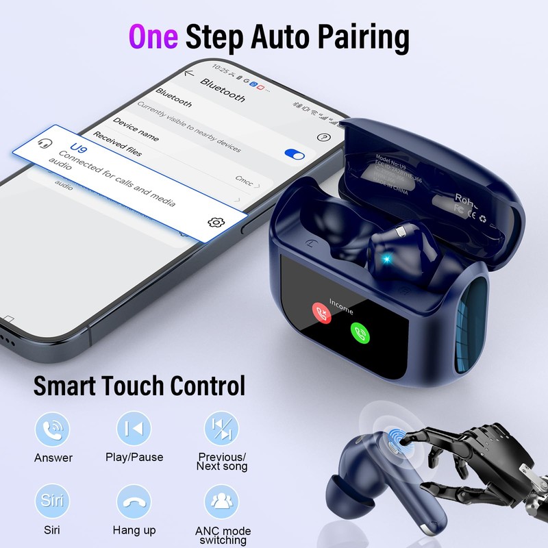 Wireless Earbuds, Bluetooth 5.4 Headphones with Multifunctional Touch Screen, 48H
