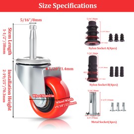 Enyke 2 Inch Long Stem Casters 600 LBS with 5/16" x 1-1/2" (8 x 38mm) Stem, Wet Dry Vac Repalcement Casters Set of 4, 360 Degree Swivel Castor Wheels with Double Ball Bearing, Red