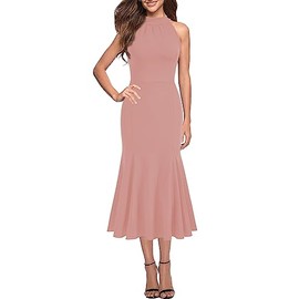 WOOSEA Womens Sleeveless Halter Neck Bodycon Mermaid Cocktail Party Midi Dresses Pink