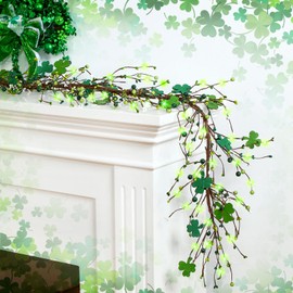 Yuxung St Patrick's Day Garland with Light 4.5 ft Shamrock and Berry Garland St Patrick's Day Decorations Green Clover Berry Garlands for St Patrick's Day Decor