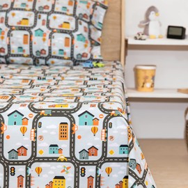 NIKKIPETER Nikki Peter 100% Cotton Kids Bedsheet Sets for Boys and Girls, Streets Roads Houses and Cars Cartoon Print,City Twin Bedding, Easy Care Super Soft Sheets Set - OEKOTEX Certified