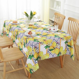 SASTYBALE Summer Lemon Tablecloth Rectangle, Stain Resistant Lemon Table Cloth Geometric Vintage Pattern, Washable Polyester Outdoor Table Cover for Party Picnic Dinner Decor (Rectangle, 52" x 70")