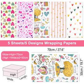 Gift Wrapping Paper, Birthday Wrapping Paper 5 Sheets Recyclable Gift Wrap with 1 Gift Sticker & 1 Double-Side Tape, 2 Kraft String, Eco Present Gift Wrapping Paper for Women, Men, Girl, Boy