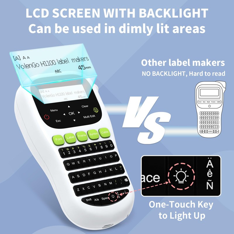 VolenGo H1100 Label Maker Machine with Tapes 12mm Laminated, Backlit