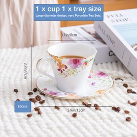 POWDONUNT Vintage Floral Porcelain Tea Cup and Saucer Set with Gold Trim, Spoon, Espresso, Coffee, Gift Boxes (2, Plum blossom)