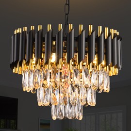 Modern Crystal Chandeliers 15.7”Gold Contemporary Crystal Ceiling Lights Fixtures 3-Tiers 5 Lights Black Round Chandelier Pendant Light Fixtures for Entryway Living Room Dining Room Bedroom Foyer