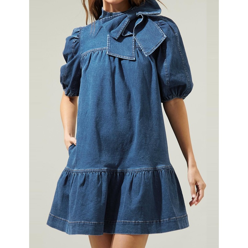 EZAPINE Womens Denim Dress Flowy Mock Neck Ruffle Short Sleeve