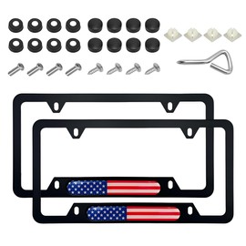 BWBWND 2 PCS Car License Plate Frame, American Flag Patriotic Car Tag Plate Holder with Screws Set, Aluminum Alloy Rustproof USA Flag License Plates Cover for Most Vehicles (Black+Colorful)