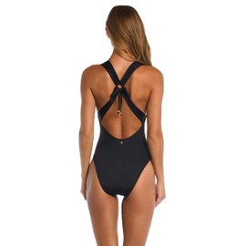 Sunshine 79 Women's Standard Plunge Mio One Piece Swimsuit, Black//Gypset Solids, 4