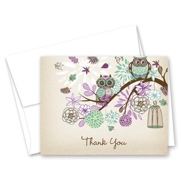 50 Cnt Owls Floral Branch Thank You Cards (Purple Rustic)