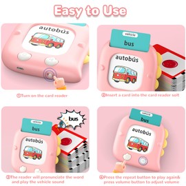 Kidzdo 520 Bilingual Spanish English Talking Flash Cards, Christmas Birthday Gifts for 2 3 4 5 6 Year Old Girls, Montessori Pocket Speech Therapy Toys, Portable Toddlers Toys for Ages 2-6 Kids, Pink