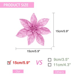Yueshop 10 Pcs Glitter Christmas Flowers with Artificial Poinsettia Flower Christmas Tree Flower Decorations Xmas Tree Ornaments (Rose Gold, 15CM)