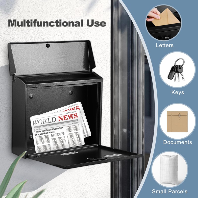 KINGCEPHAS Wall-Mounted Mailbox with Combination Lock, Large Capacity, Wall Mount