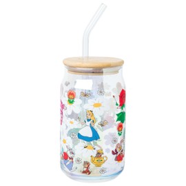 Silver Buffalo Disney Alice in Wonderland Wild Flower Glass Tumbler with Bamboo Lid and Glass Straw Featuring Alice, White Rabbit, Cheshire Cat, Dinah, Dormouse, and March Hare, 16 Ounces