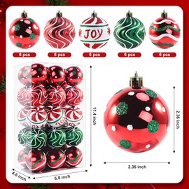 30PCS Christmas Balls Ornaments, 2.36" Red Green White Christmas Balls, Shatterproof Xmas Balls Decoration for Christmas Tree, Painting & Glittering Christmas Hanging Ball for Party Event