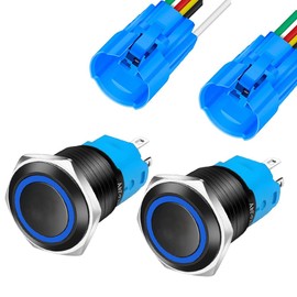 Gebildet Pack of 2 0.63 inch/16 mm Metal Black Push Button 12V-24V 3A LED 1NO1NC SPDT ON Off Waterproof with Wire Socket Plug (Blue LED)