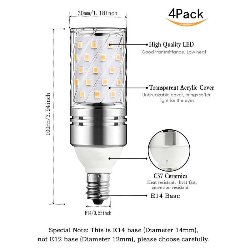 CTKcom 12W E14 LED Candelabra Light Bulbs (4 Pack),E14 Base