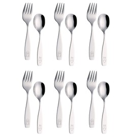 EXZACT 12-Piece Children's Stainless Steel Cutlery Set - 6 Forks, 6 Tablespoons - Cute Dog & Bunny Motif