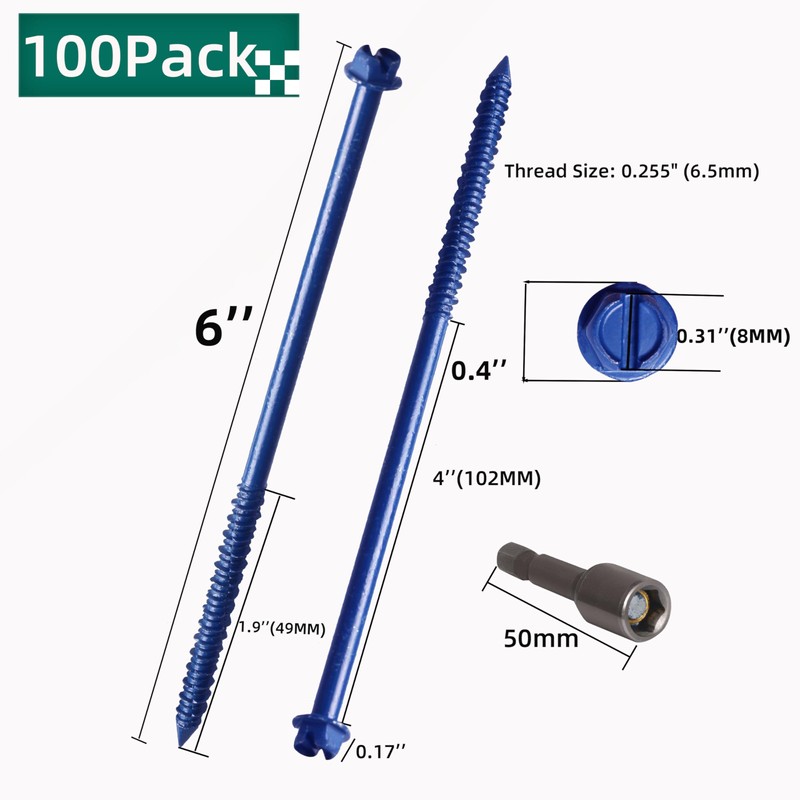 Riyhch 100-Pack 1/4" * 6" Hex Head Concrete Screw Anchor,