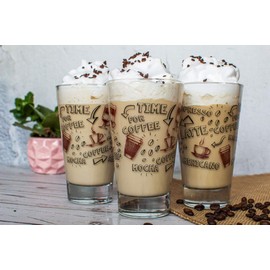 Sendez 6 Latte Macchiato Glasses 310 ml Coffee Glasses Drinking Glasses Tea Glasses with Coffee Print