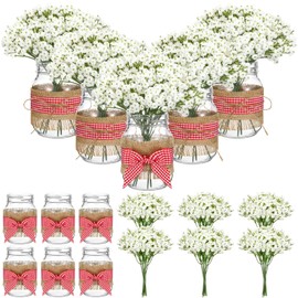 Daifunli 46 Pcs Red Gingham Picnic Party Centerpieces for Table BBQ Themed Centerpieces with Gingham Ribbon Mason Jars Baby's Breath for Picnic Birthday Party BBQ Party Supplies