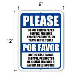 Honey Dew Gifts, Do Not Throw Paper Towels Feminine Hygiene Products in Toilet, English Spanish Español Bilingual Signs, 9 inch by 12 inch, HDG-1606