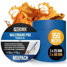 PROCREA® 3 x Premium Painter's Masking Tape Pro UV [Mix Pack 2 x 48 mm + 1 x 25 mm] Blue Masking Tape Painter's Tape for Indoor and Outdoor Use - Water and Heat Resistant Masking Tape for Painting,