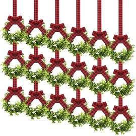 Unittype 18 Pcs Christmas Faux Kitchen Cabinet Wreaths Mini Christmas Hanging Window Wreaths with Ribbon Buffalo Plaid Bow Artificial Greenery Farmhouse for Christmas Decoration(Black, Red)