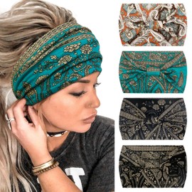 4 Packs Wide Headbands for Women Knotted Non Slip Fashion Cute Paisley Printed Head Bands for Women’s Hair Large African Bandana Boho Hairbands Yoga Running Workout Thick Turban Hair Accessories