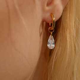 Gold Huggie Earrings for Women Trendy Hypoallergenic 18K Real Gold Plated Hoop Earrings with Tear Drop Shaped Crystal Dangle Earrings for Women Small Huggie Hoop Earrings Jewelry Gifts