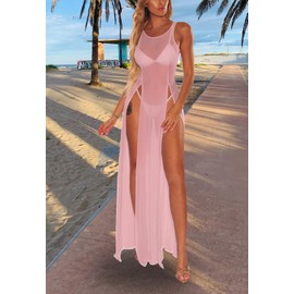 Traje de baño de playa para mujer, vestido de malla transparente, sexy, de malla transparente, ropa de playa, A-rosa polvoriento, M