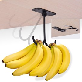 1-Pack Metal Banana Hanger, Under Cabinet Banana Double Hook, Sturdy Foldable Banana Hook with Screws, Keep Bananas Fresh, Black
