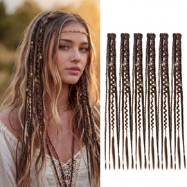 Thiccywoov 6 Pcs 20 Inch Synthetic Dreadlock Extensions Dark Brown Mix Boho Dreadlock Clip in Braids with Beads and Charms Braid Hair Extensions for Woman Cosplay Daily Styling Music Festival