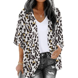 Women's Beach White Leopard Cover Ups Tops Animal Print Cheetah Dalmatian Chiffon Sheer Summer Cardigans Lightweight Thin (Small)