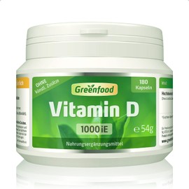 Greenfood - Vitamin D3-1000 iE - High Dose - 180 Capsules - Good for Bones, Teeth and the Immune System - No Artificial Additives and No Genetic Engineering