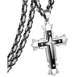 JUNOVUROS 20 to 28 Inches Rolo&Byzantine Chain 316L Stainless Steel Mens Cross Necklace with Large&Medium Sizes with Silver Gold Black