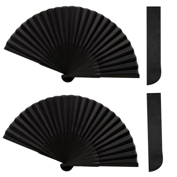 2Pcs Large Folding Hand Fan Black Cloth Fabric Handheld Folding