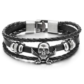 Mens Women Sword Pirate Skull Black Braided Leather Bracelet Multi-Strand Leather Wristband Bracelet(CA)