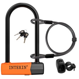 INTEKIN Bike U Lock, 16mm U-Shape, Orange, Key Lock, 2-in-1 Lock Type, Enhanced Security, 2 Keys, Mounting Bracket, Bicycle Security