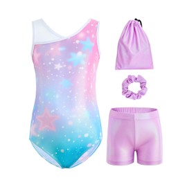 Tstiti Girls Gymnastics Leotard 4-Piece Outfit with Storage Bag Scrunchie & Shorts Dance Set for Toddler/Kids 3-12 Years Purple Blue 6-7 Years