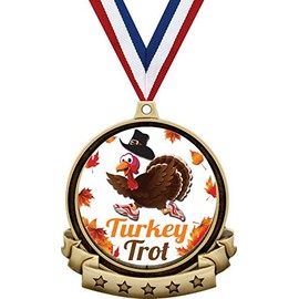 Turkey Trot Medals - 2.5" Gold Turkey Trot Medal Award Includes Red White and Blue Neck Ribbon, Great Thanksgiving Awards 1 Pack Prime
