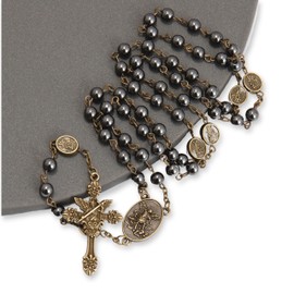 Nazareth Store St Michael Rosary Hematite Stone Beads Necklace Metal Beaded Glory Beads Archangel Medal & Cross with Metal Gift Box (Bronze | St.Michael Cross)