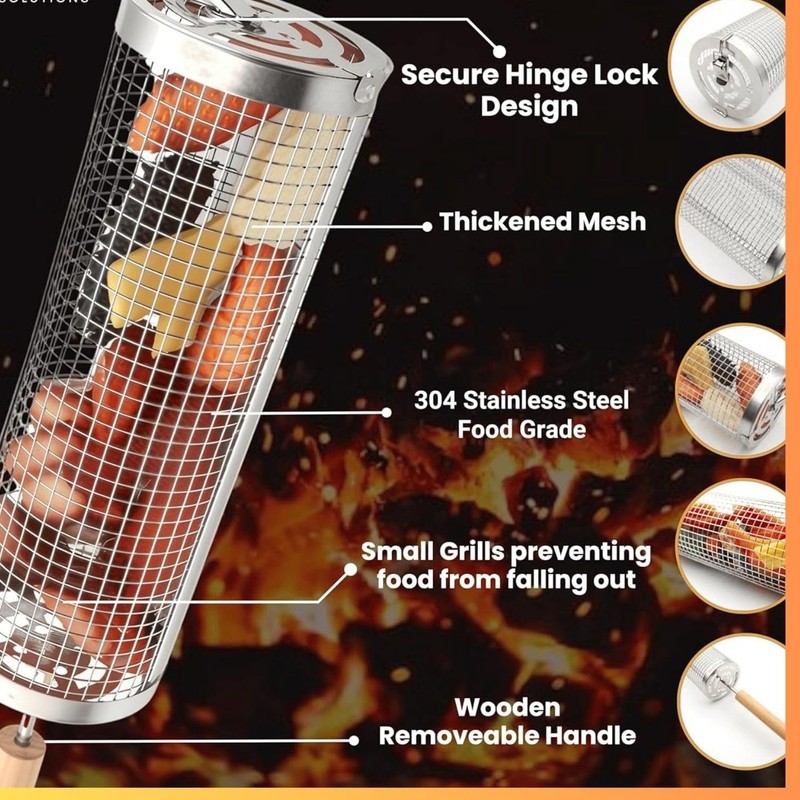 Rolling Grill Basket(2PCS) Removable Wooden Handle, 304 Stainless Steel, Lockable