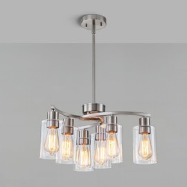 FTL Modern Farmhouse Brushed Nickel Chandeliers for Dining Room Light Fixture Over Table, 6-Light Silver Chandelier Hanging Pendant Light for Kitchen Island Entryway Bedroom Living Room, Glass Shade