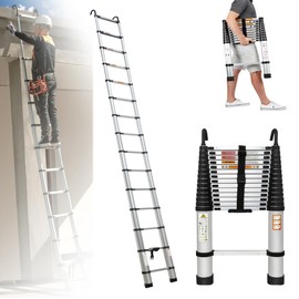 Aluminum Telescoping Ladder with 2 Detachable Roof Hooks, 14.4FT Portable Extension Ladder Multi-Purpose Lightweight Folding Ladder RV Collapsible Ladder, Anti-Slip Feet Attic Ladder, 330 Lb Capacity